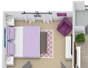 Baylor 3D 3d Baylor floorplan with L-shaped Kitchen, island, pantry cabinet, open to living, 2 baths with tub and other with shower. Walk-in closets. balcony. in-unit washer/dryer